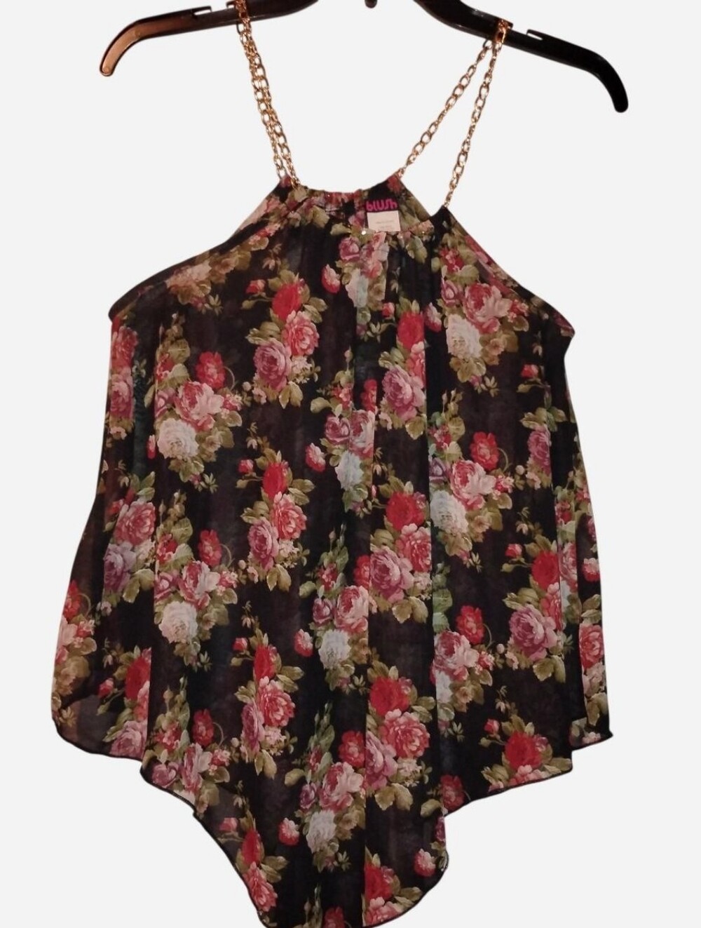 Blush Floral Halter Top with Gold Chain Straps - Size Small
